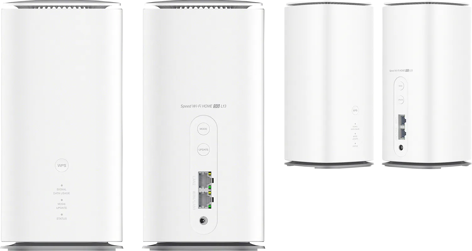 Speed WiｰFi 5G L13の正面・背面・斜めから見た側面の写真